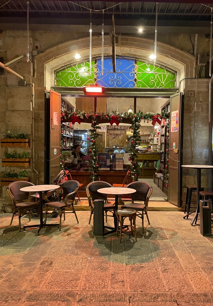 The gateway cafe in Jerusalem with Christmas decorations