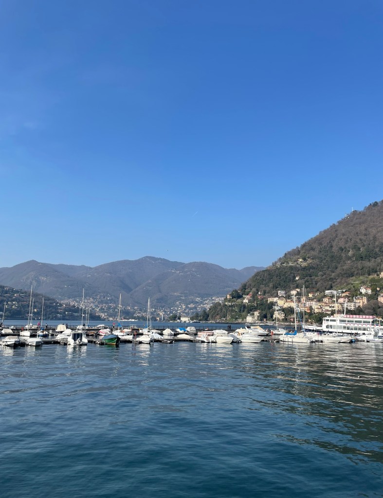 View on Lake Como from the shore of Como in early spring.