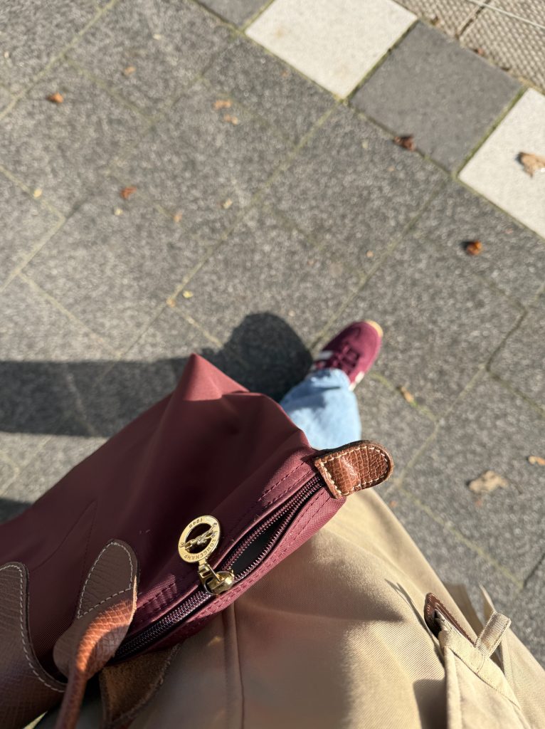 Burgundy Longchamp tote being carried on a sunny day